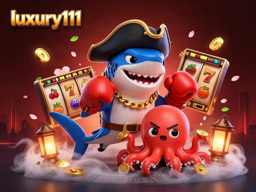 Join the excitement at luxury111 with a 3D casino scene featuring playful characters and slot game elements.