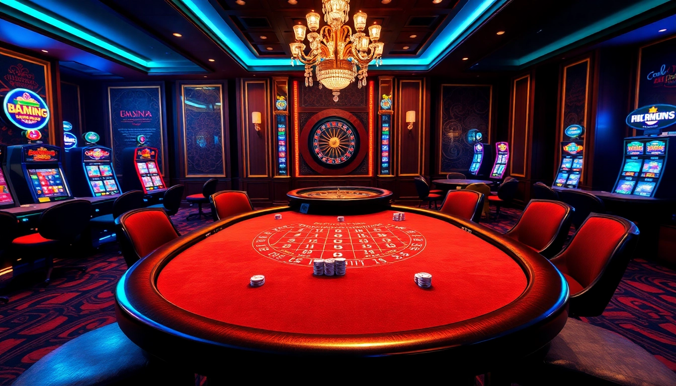 Experience thrilling gameplay at https://bj88h.org/ with a chic casino setting showcasing a blackjack table and vibrant slot machines.