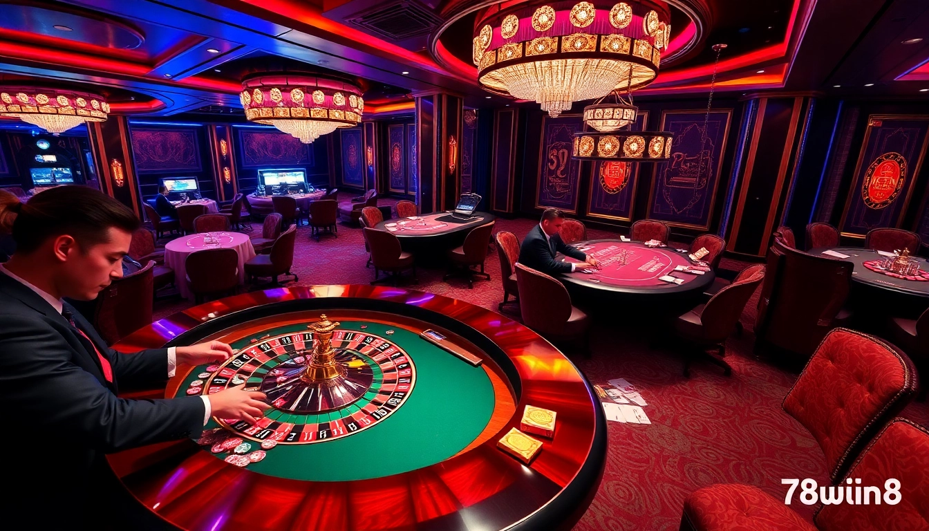 Experience the thrill of gambling with 78win8 at a lively casino game table.