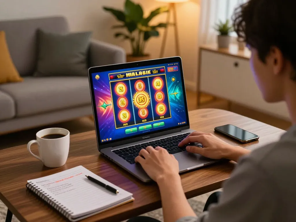 Engaging home gaming scene showcasing Slot Malaysia excitement with colorful online slots interface.