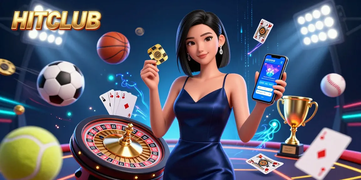 HITCLUB showcases a confident woman with a smartphone and casino chip in an electric gaming scene.