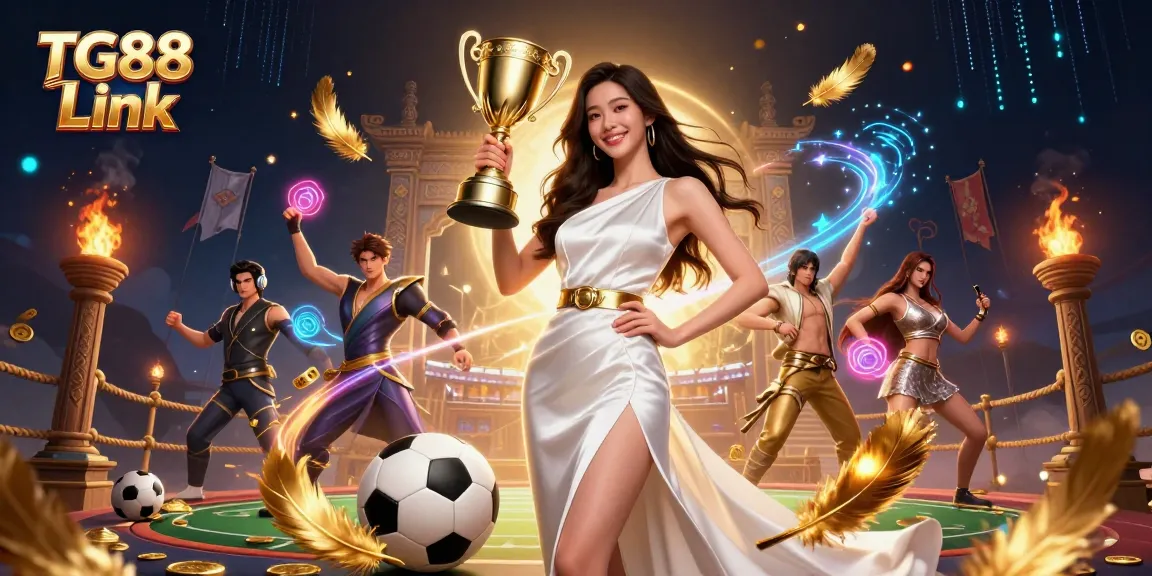Experience the excitement of betting with TG88 Link, showcasing a victorious woman with a trophy and sports elements.