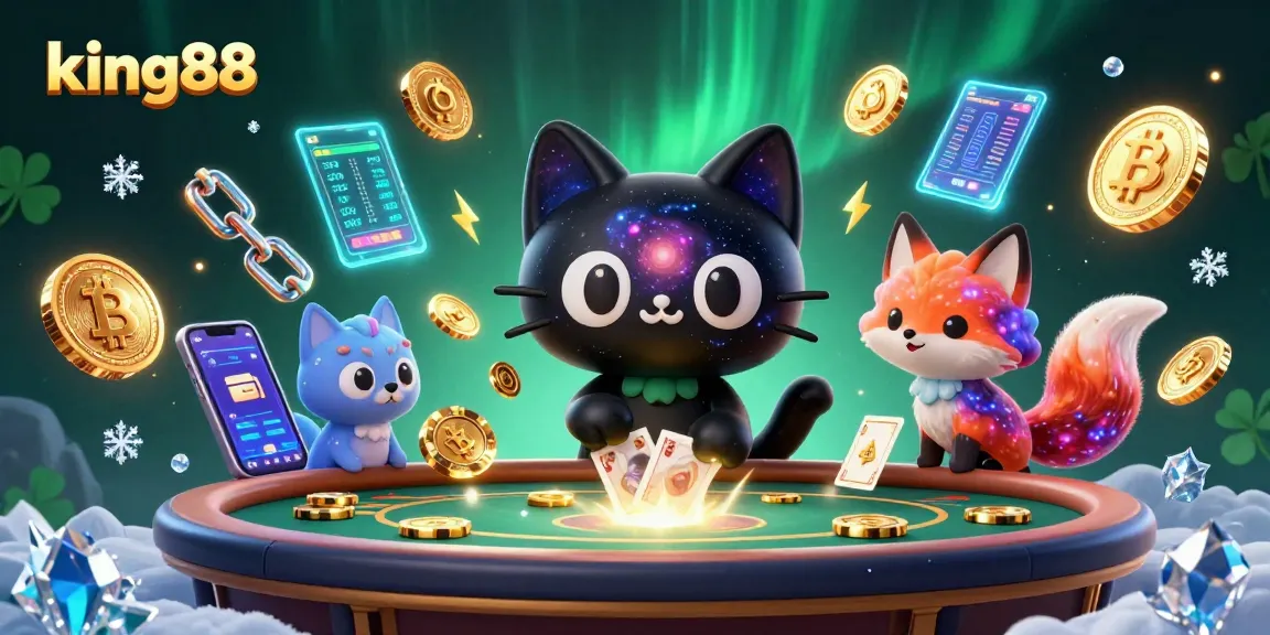 Winning big at king88 with a magical cosmic theme featuring a black hole cat and a nebula fox.