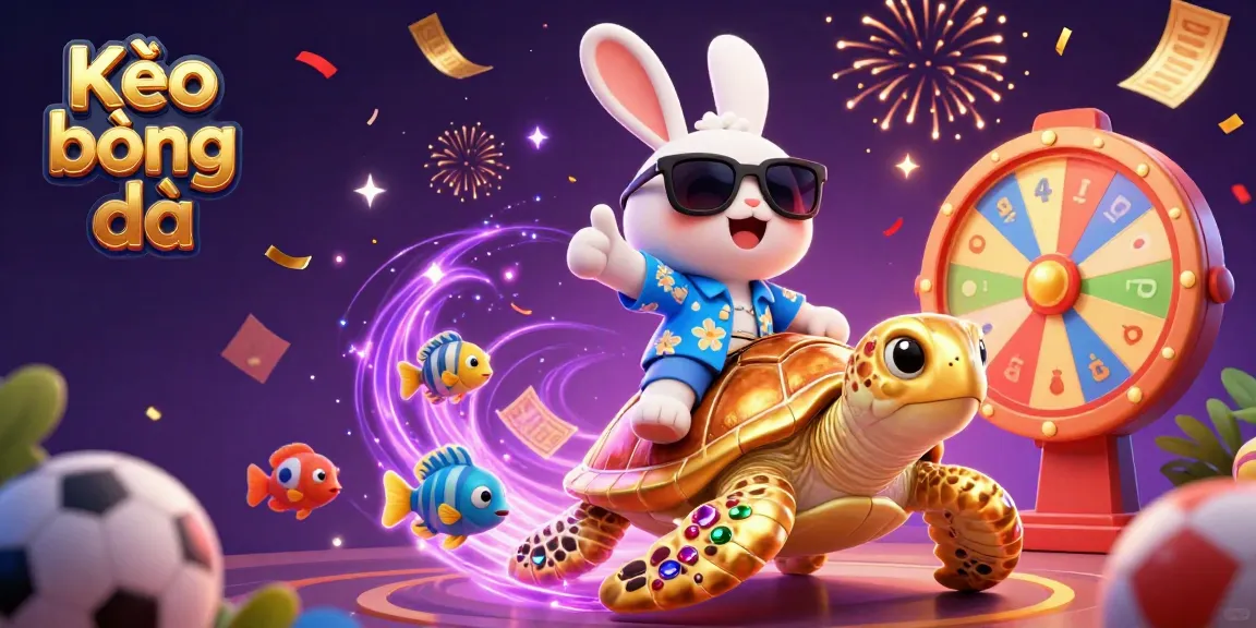 Experience Kèo bóng đá excitement with a lucky rabbit and a golden turtle in a vibrant gaming scene.