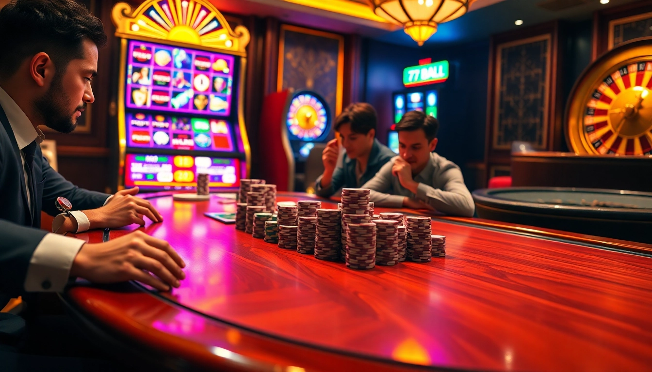 Experience premium gaming at 77BALL's high-stakes poker table with vibrant visuals.