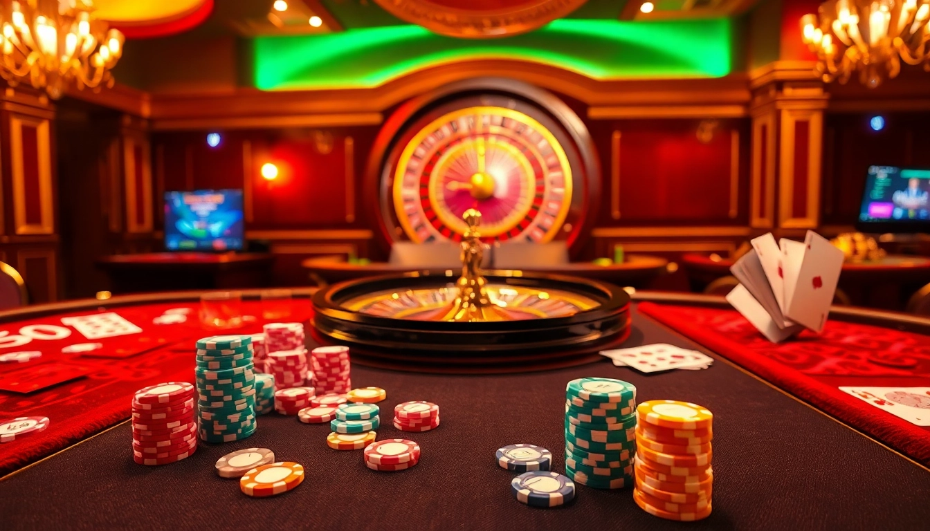 Players enjoying games at an elegant casino table featuring LC88 COM branding with vibrant chips and fervent betting action.