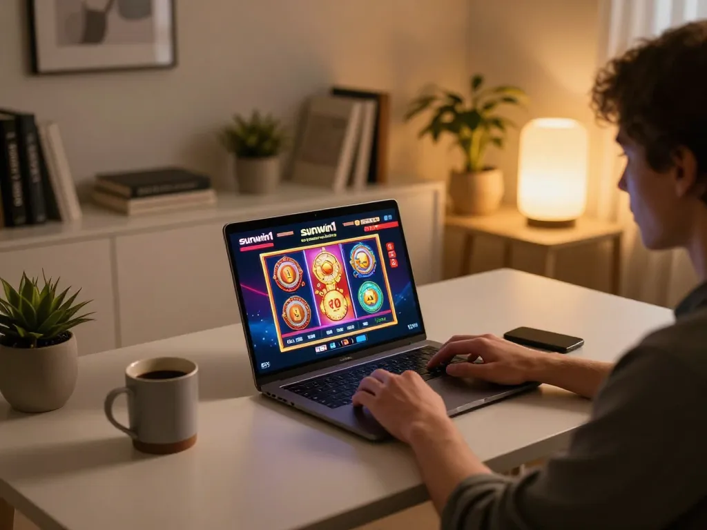 Play exciting slots on sunwin1 from a cozy home setup with laptop and coffee