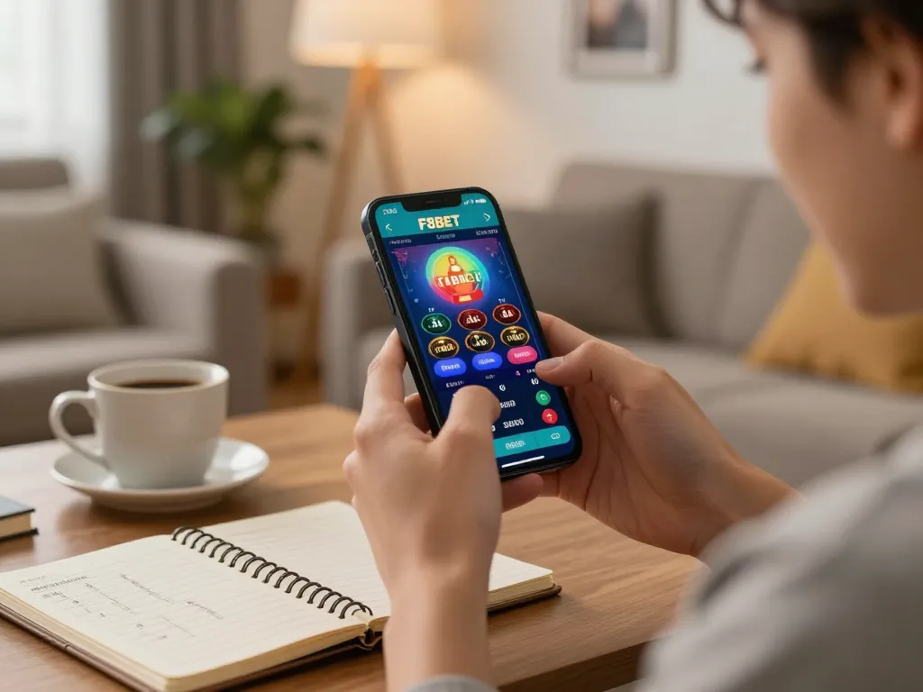 F8BET user enjoying gaming experience on mobile device with cozy home ambiance.