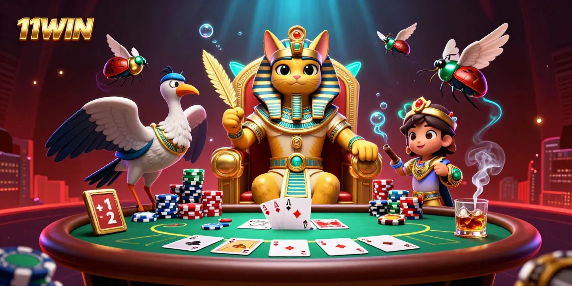 Engage in thrilling poker battles with 11WIN's vibrant 3D casino illustration featuring dynamic gaming elements.