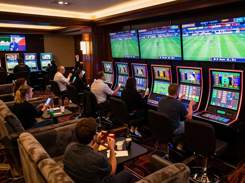 Fans betting on sports at king79 with mobile devices and displays showing live games