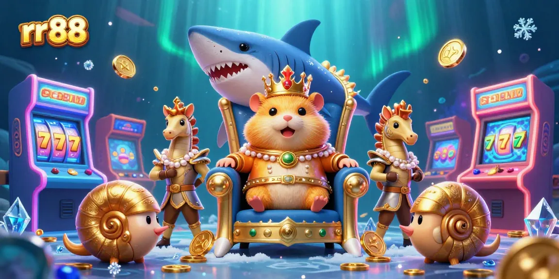 Experience the gaming thrill with rr 88 as golden hamster king reigns over casino arcade with vibrant elements.