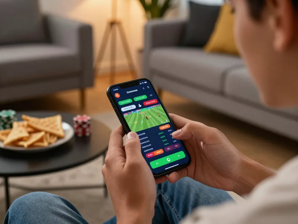 Engaging user placing sports bets on tr88 app, focusing on live odds and match details in comfort.