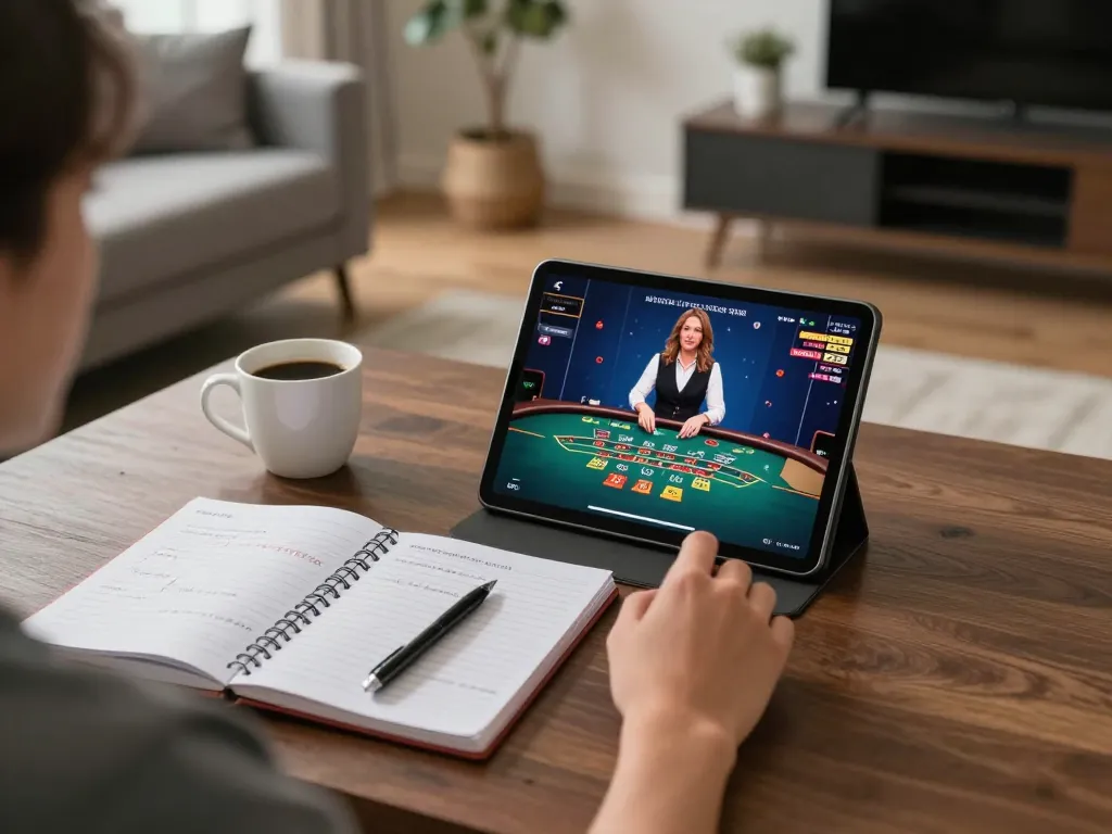 Engaging in live dealer online casino game strategy at home with a tablet on a cozy desk.