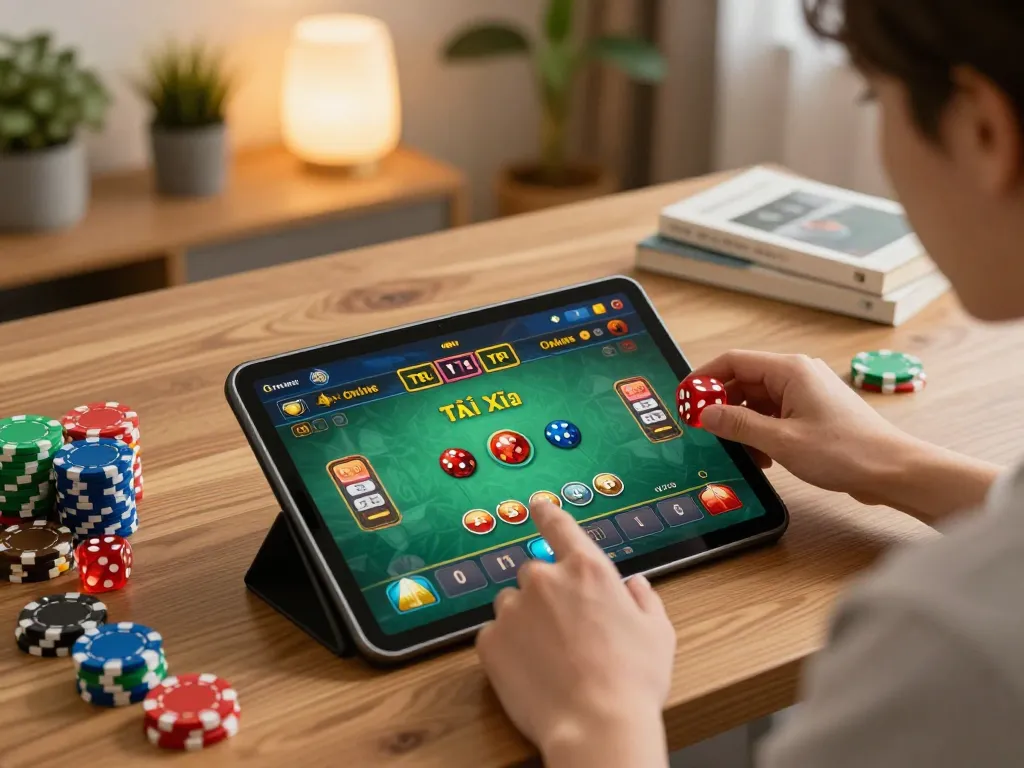 Engaging in Tài Xỉu Online betting strategy during a cozy gaming session at home.