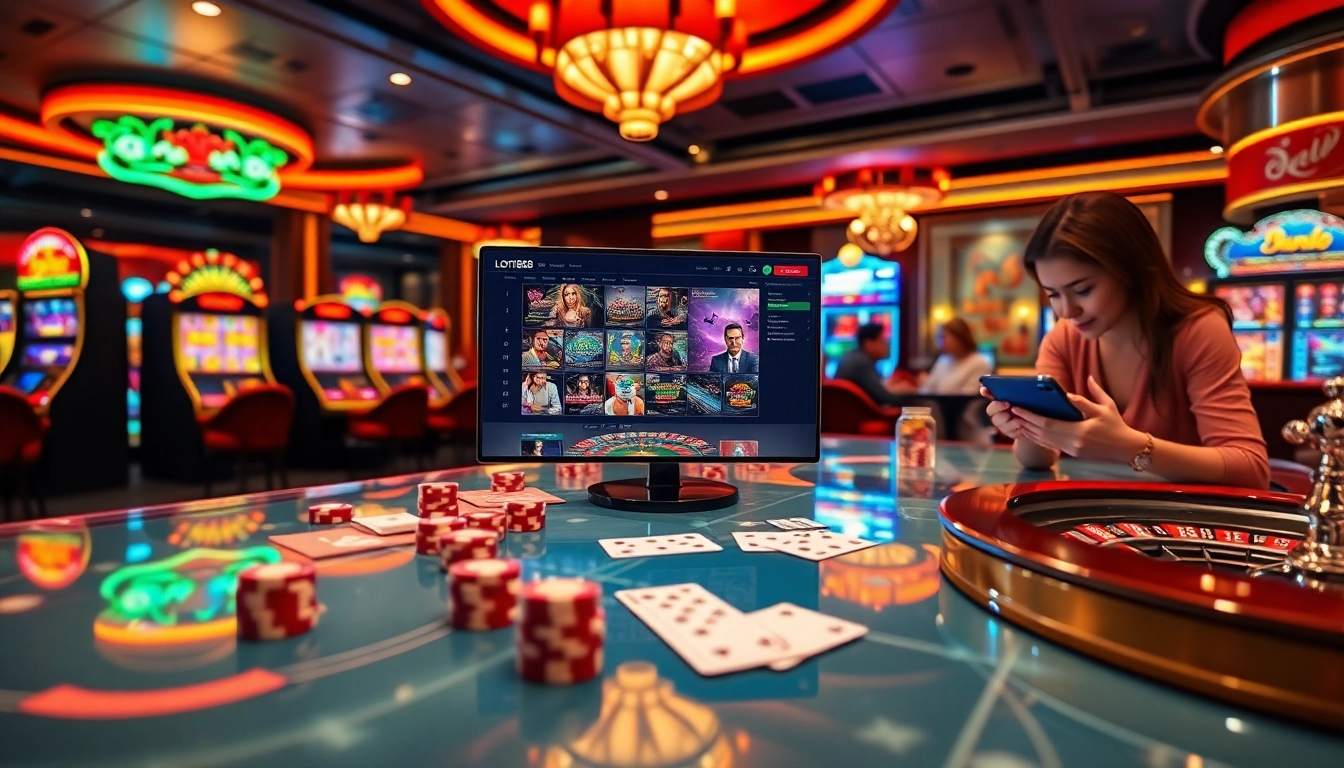 Loto188 online gambling interface showcasing vibrant slot machines and casino elements.