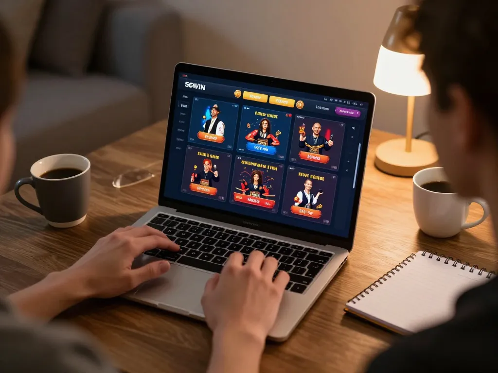 Engaging player exploring casino games on 56WIN platform via laptop at home.