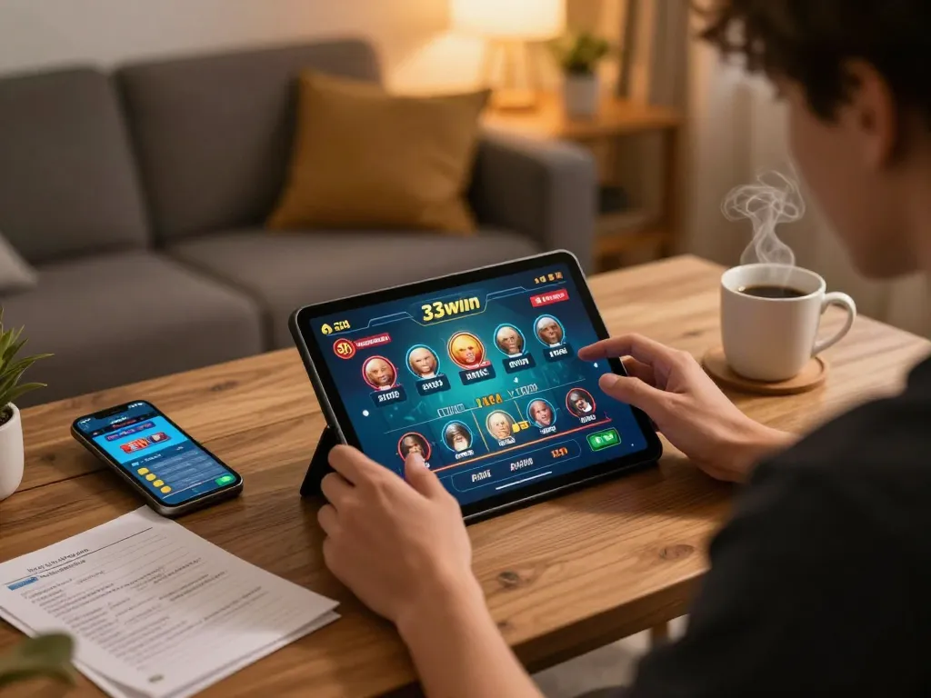 Player engaging with 33win online casino game on tablet in cozy home setting.