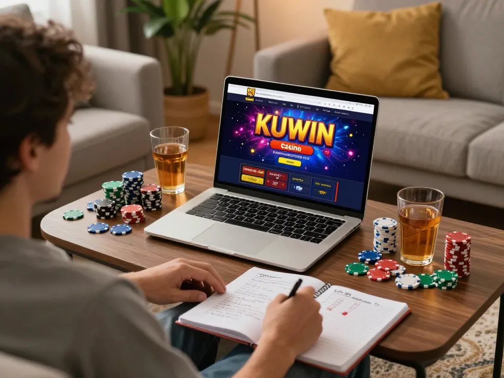 Kuwin player engaging in online gaming with strategic notes and lively casino graphics