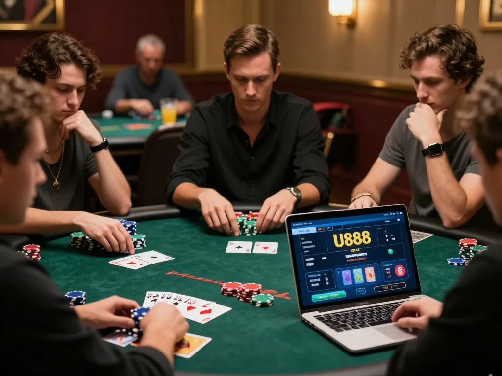 Players engaging in intense poker action on U888's user-friendly platform, showcasing strategy and excitement.