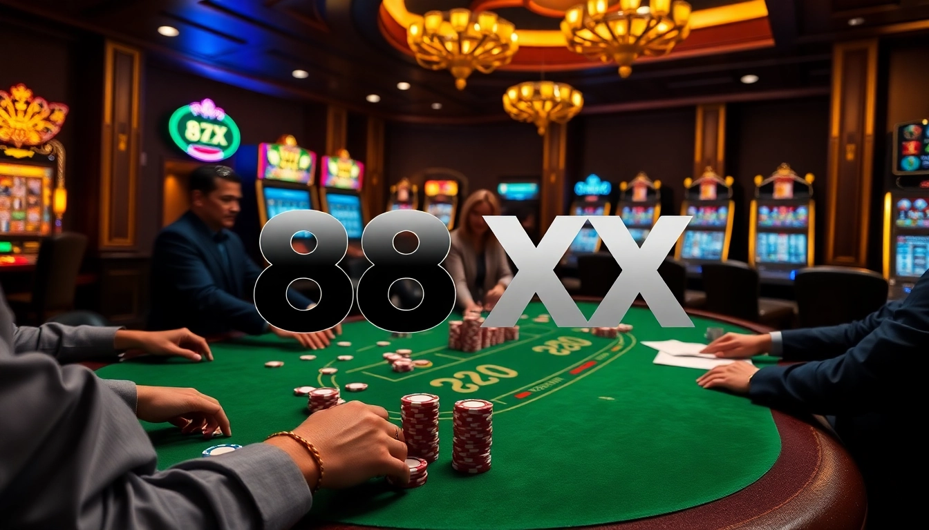 Engaging scene at a luxurious casino featuring the 88XX logo and vibrant poker action.