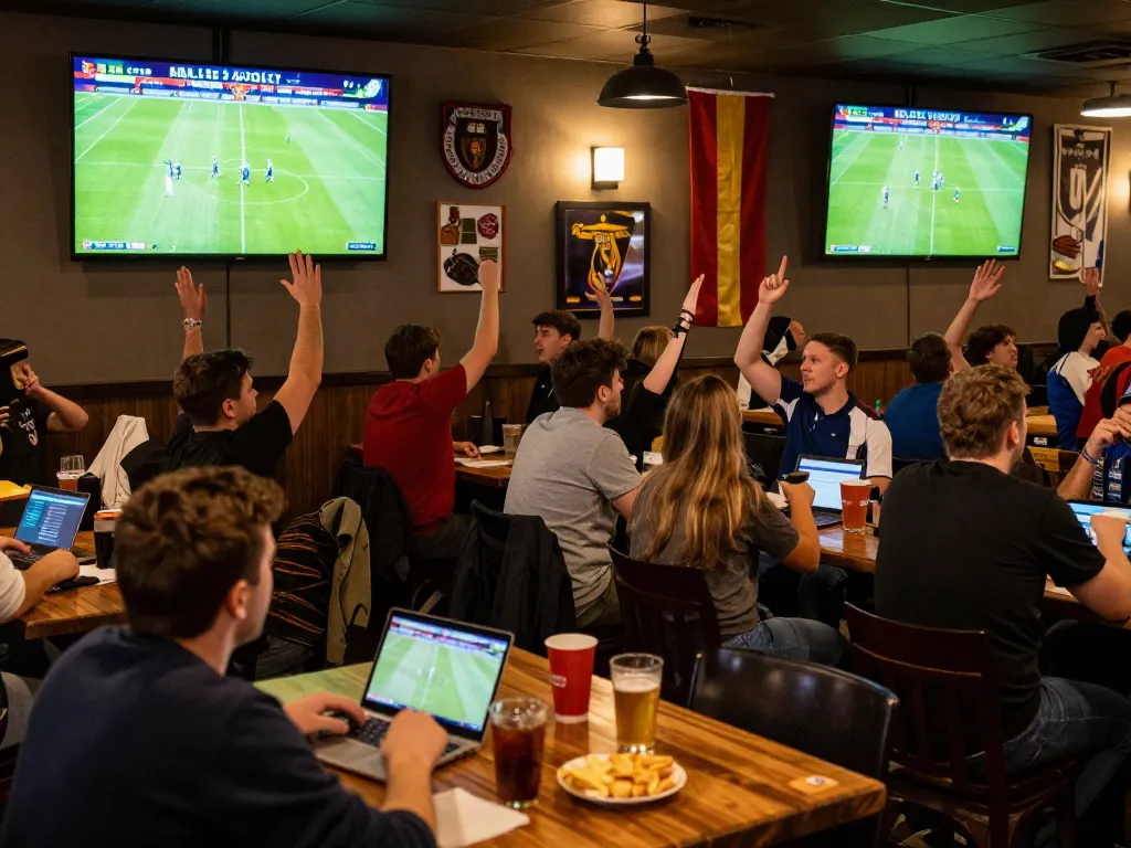 Fans celebrating footballresults at a vibrant sports bar while engaging in sports betting.