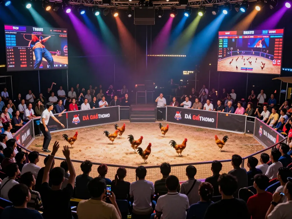 Attendees engaging in Đá Gà Thomo live event cheering on their favorite chickens.