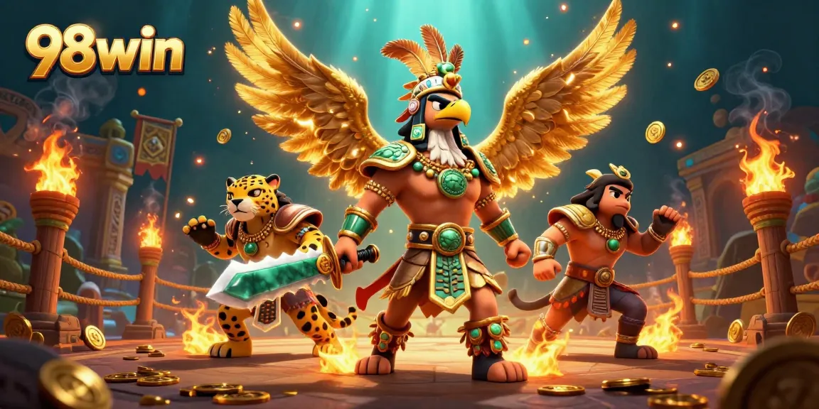 Experience thrilling gaming with 98win, showcasing vibrant warriors amidst a vibrant casino backdrop.