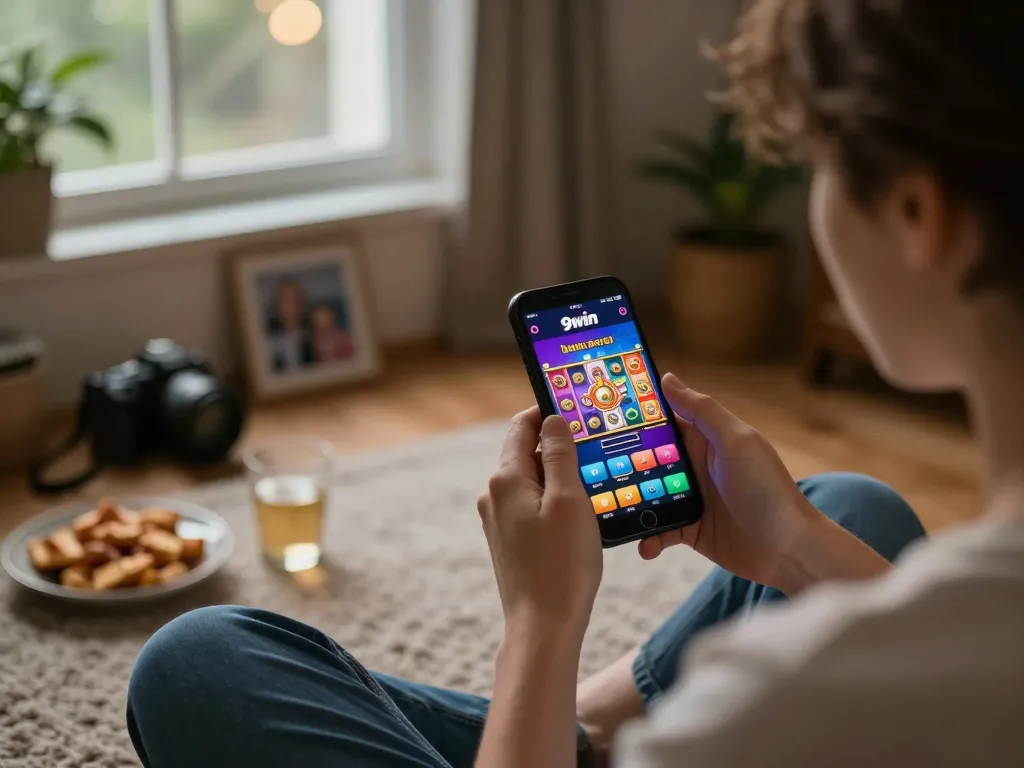 Engaging session with 9win casino app on smartphone, highlighting mobile gaming experience.