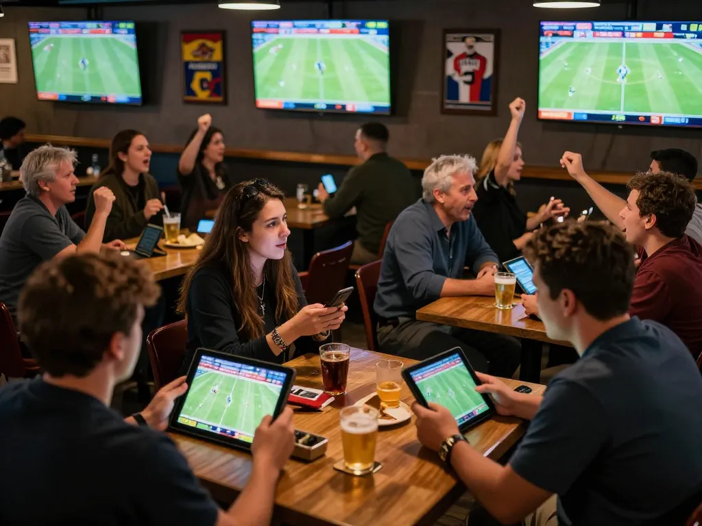 Engaging footballl sports betting atmosphere with fans cheering at a lively sports bar