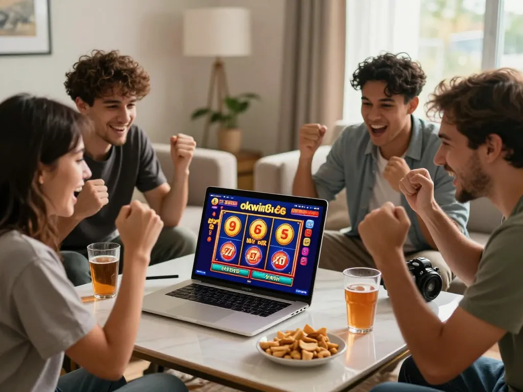 Group of friends celebrating a win while playing games on https://okwin68.net/ with colorful casino graphics displayed.
