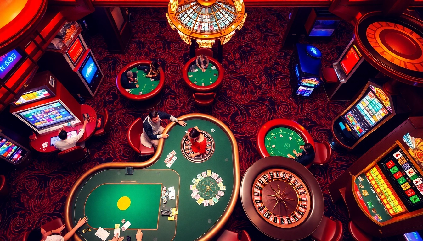 Experience nk88 bio with exciting casino games featuring vibrant poker tables and slot machines.