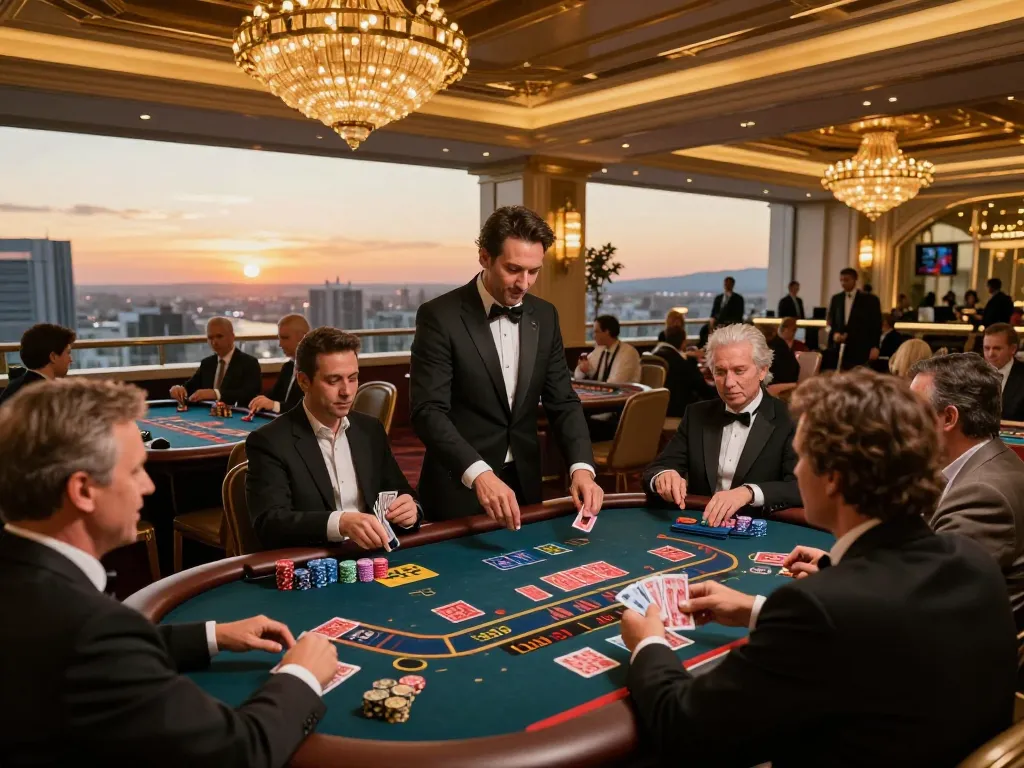 Taisunwin showcases an exciting casino evening with players engaged in high-stakes poker, dynamic lighting, and lively atmosphere.
