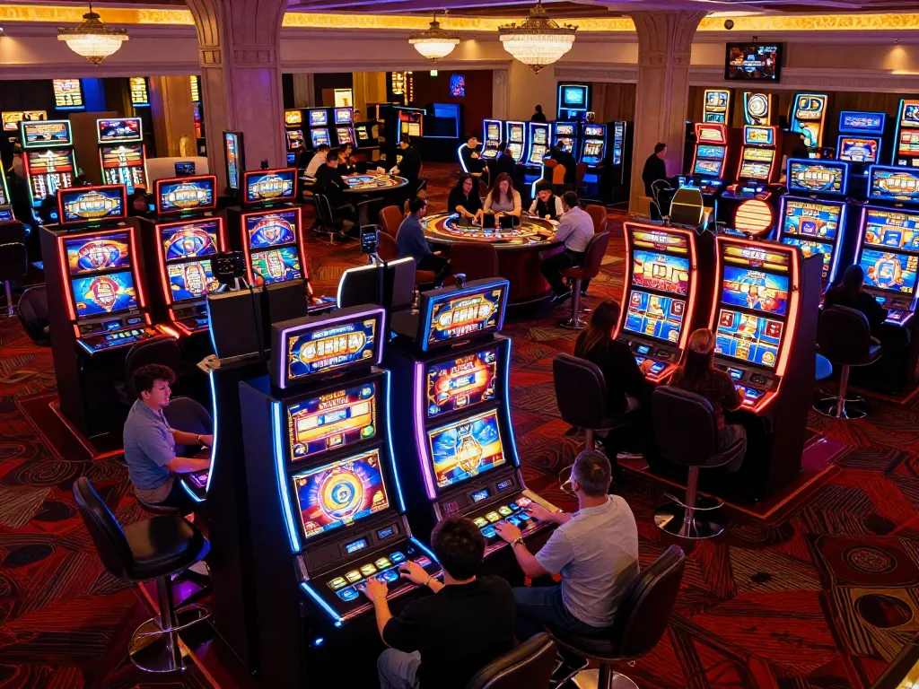 Players enjoying slot machines at the casino, highlighting soibetzz gaming excitement in a vibrant atmosphere.