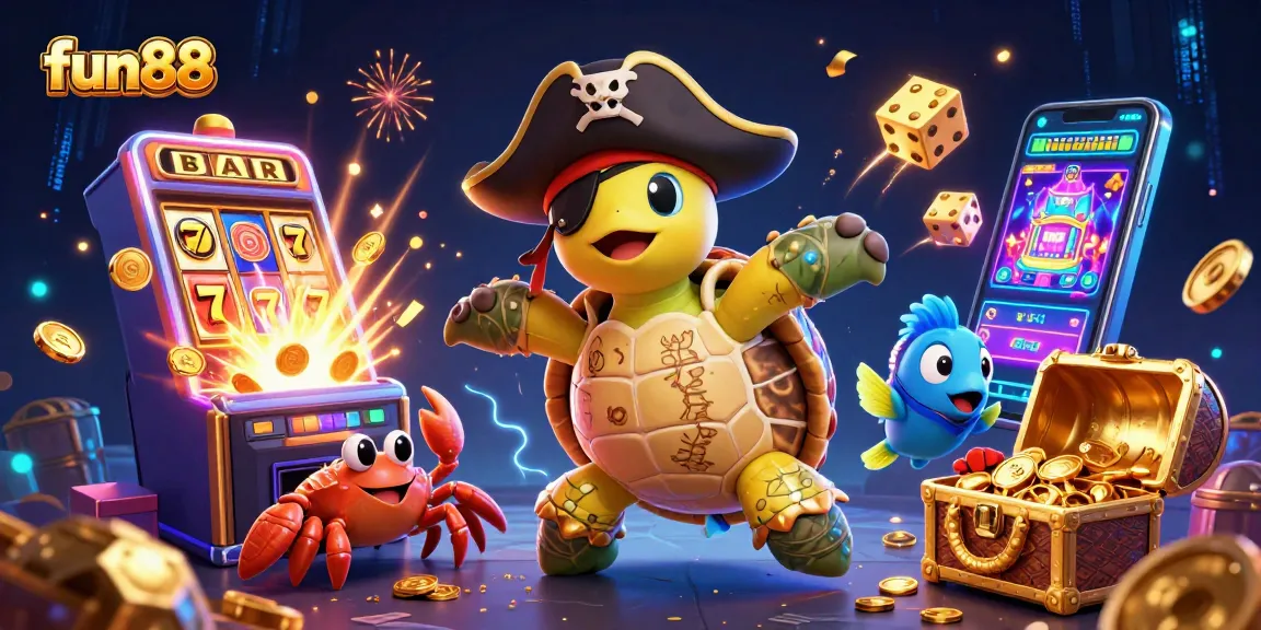 Play fun88 and win big with a vibrant 3D illustration of an adventurous turtle and friends in a treasure-filled casino.