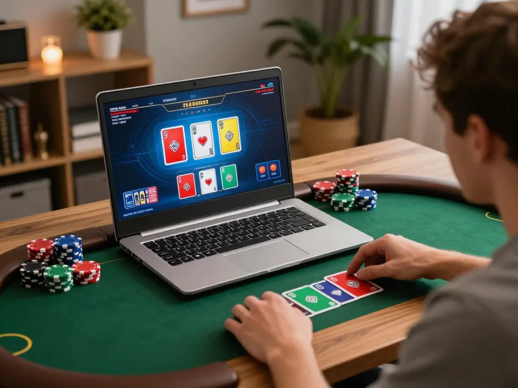 Player strategizing in an online poker game on rr88vip platform from a cozy home setup.