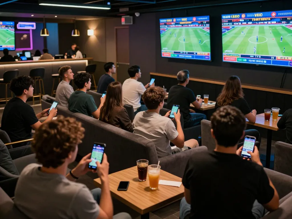Sports betting excitement at 7M with patrons placing bets and watching live games