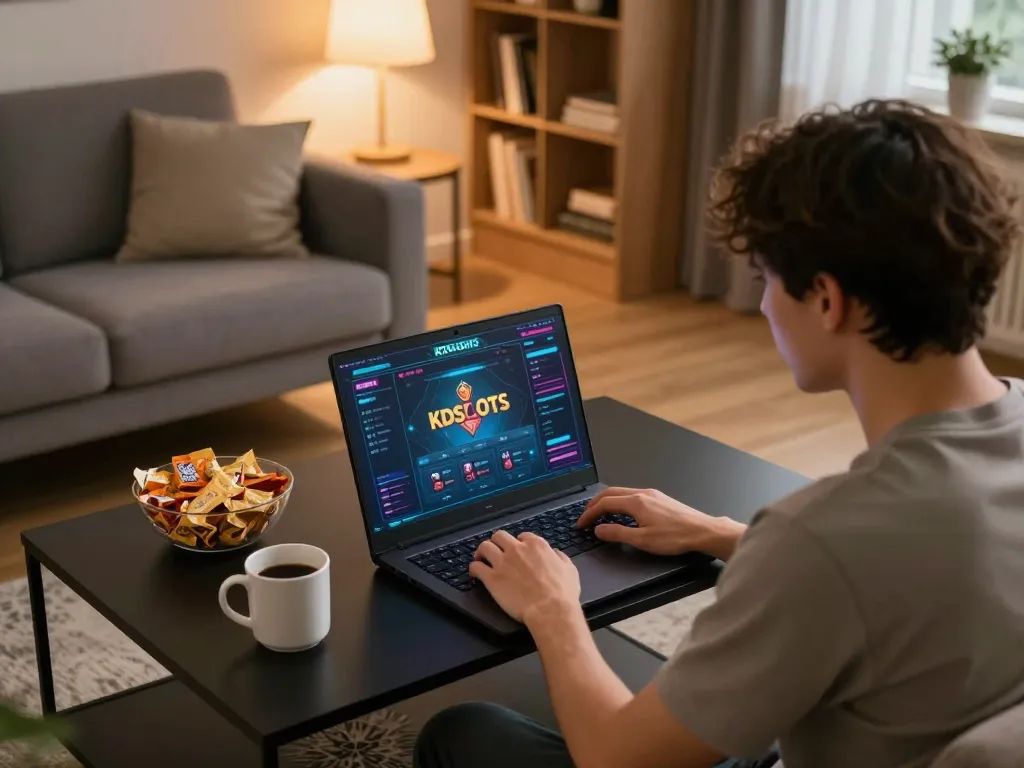 KDSlots player immersed in fast-paced online gaming setup with modern decor.