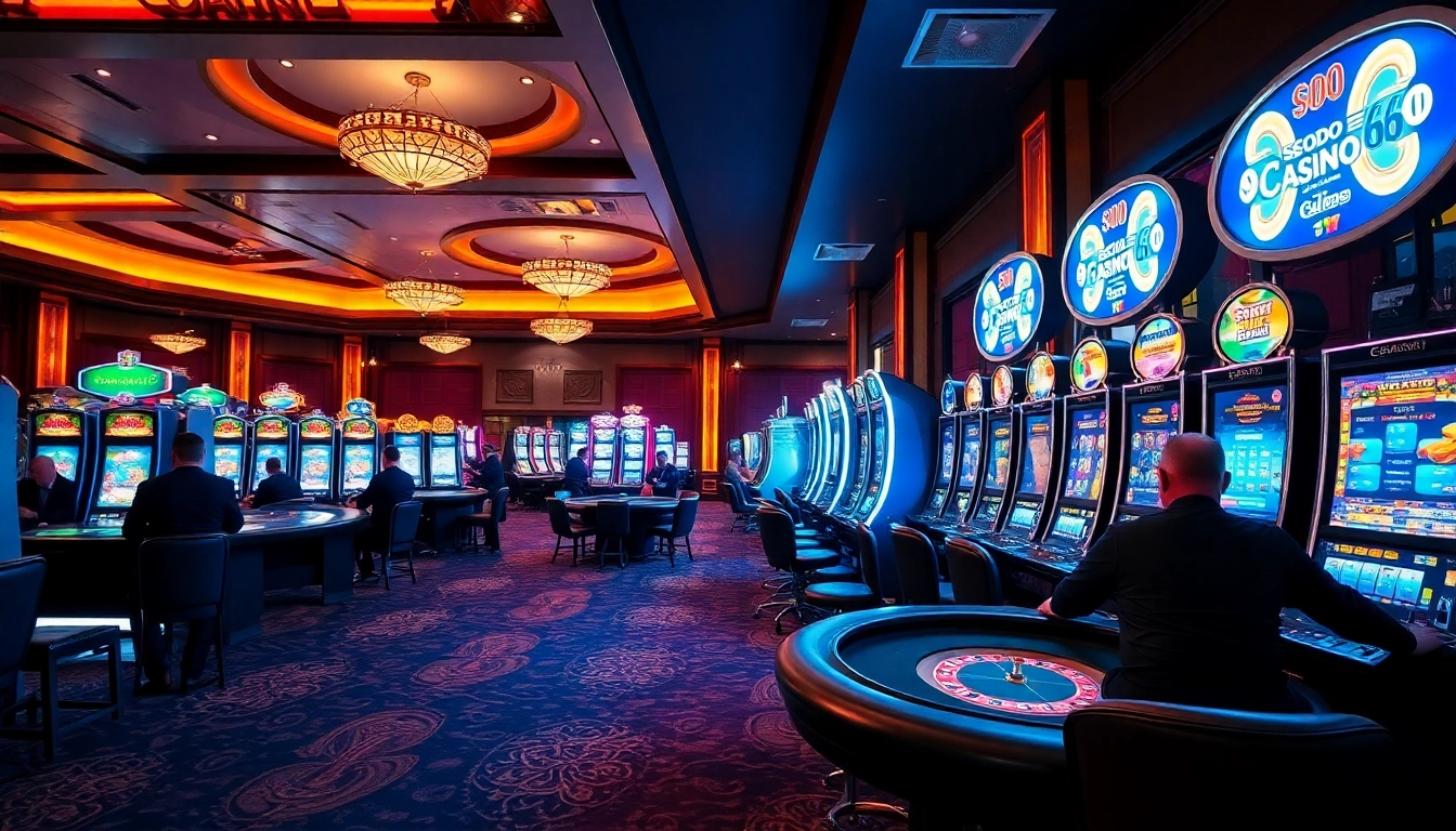 SODO CASINO 66 showcasing vibrant slot machines and players at poker tables in luxury.