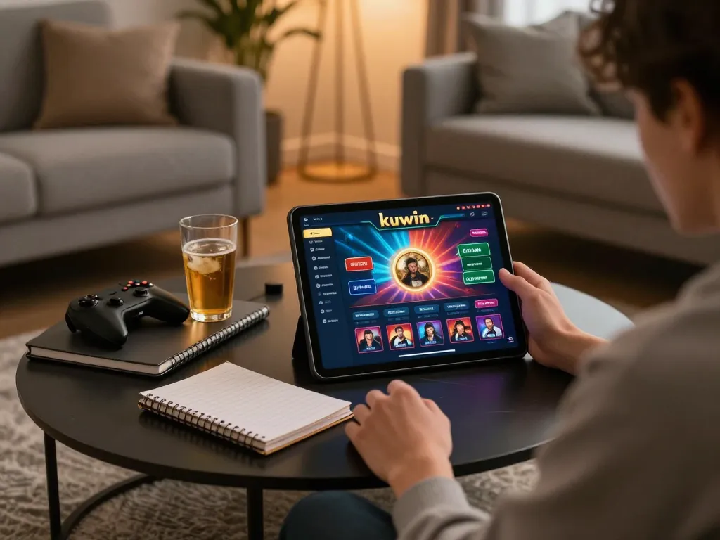 Kuwin user engaging in strategic gameplay with tablet in cozy home setting