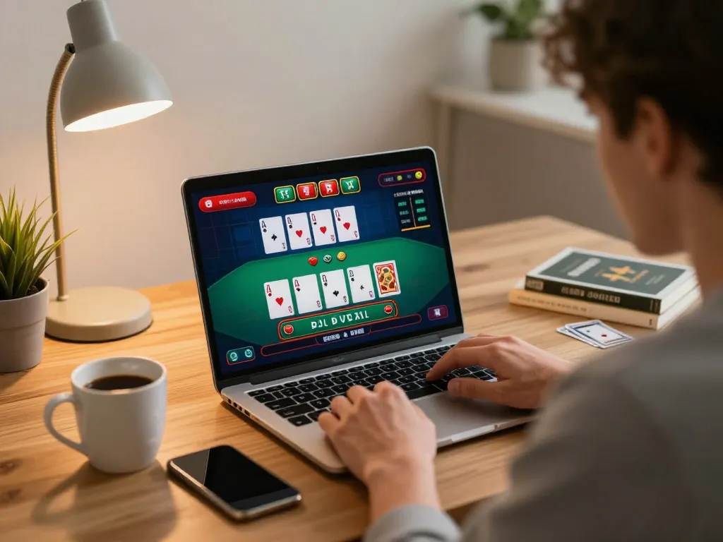 Player immersed in blackjack gameplay online at home, showcasing uu88 betting strategy.