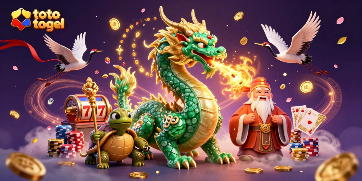 Experience the thrill of toto togel with a dynamic 3D illustration of dragons, turtles, and lucky cranes.