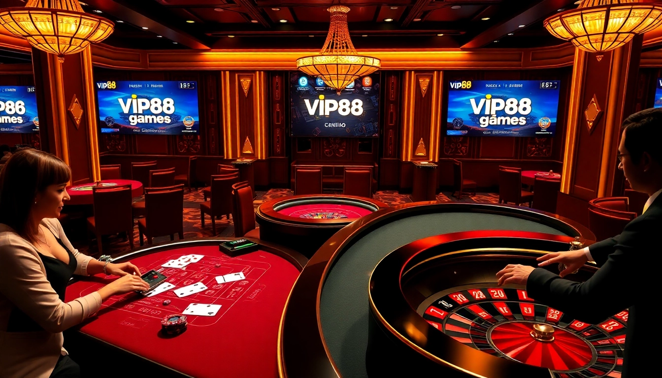 Players enjoying high-stakes games at vip88.games in a luxurious casino setting.