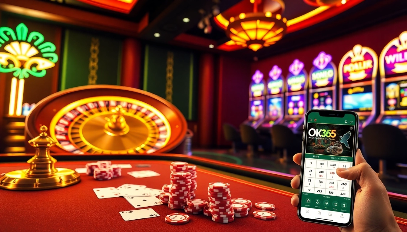Experience the thrill of online gambling with immersive elements from https://ok365.tw/ featuring casino tables, poker chips, and vibrant slot machines.