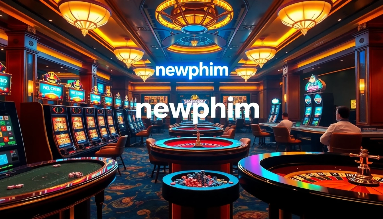 A dynamic casino scene showcasing newphim-themed gaming excitement with roulette wheels and slot machines.