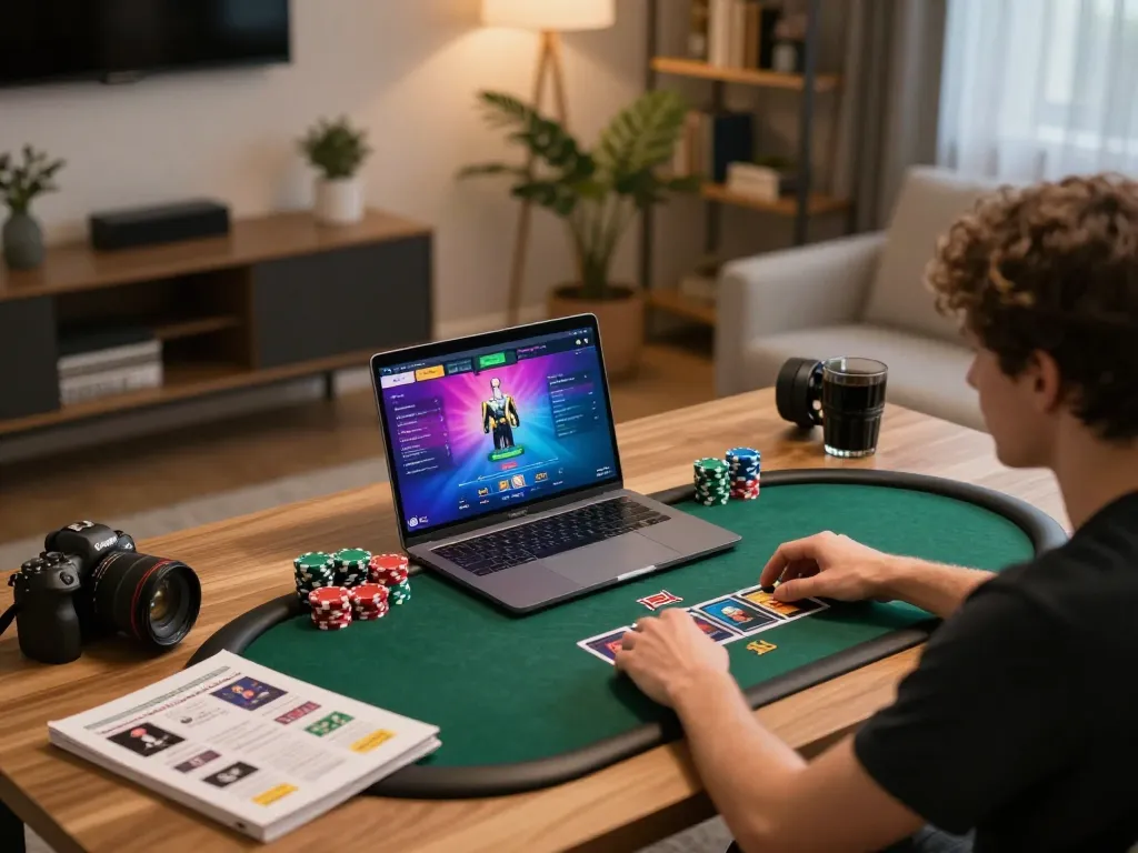 S88 online poker player strategizing with chips and game interface in cozy home setup