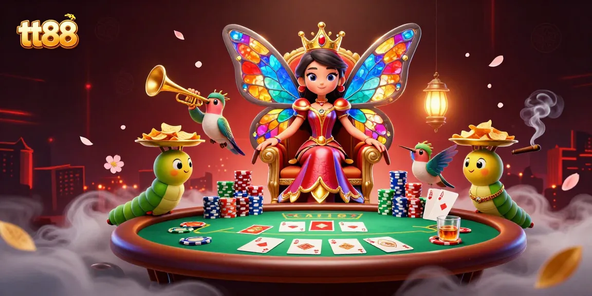 Join the fun at tt88 with a vibrant 3D casino scene featuring a gleaming poker table and dynamic characters.