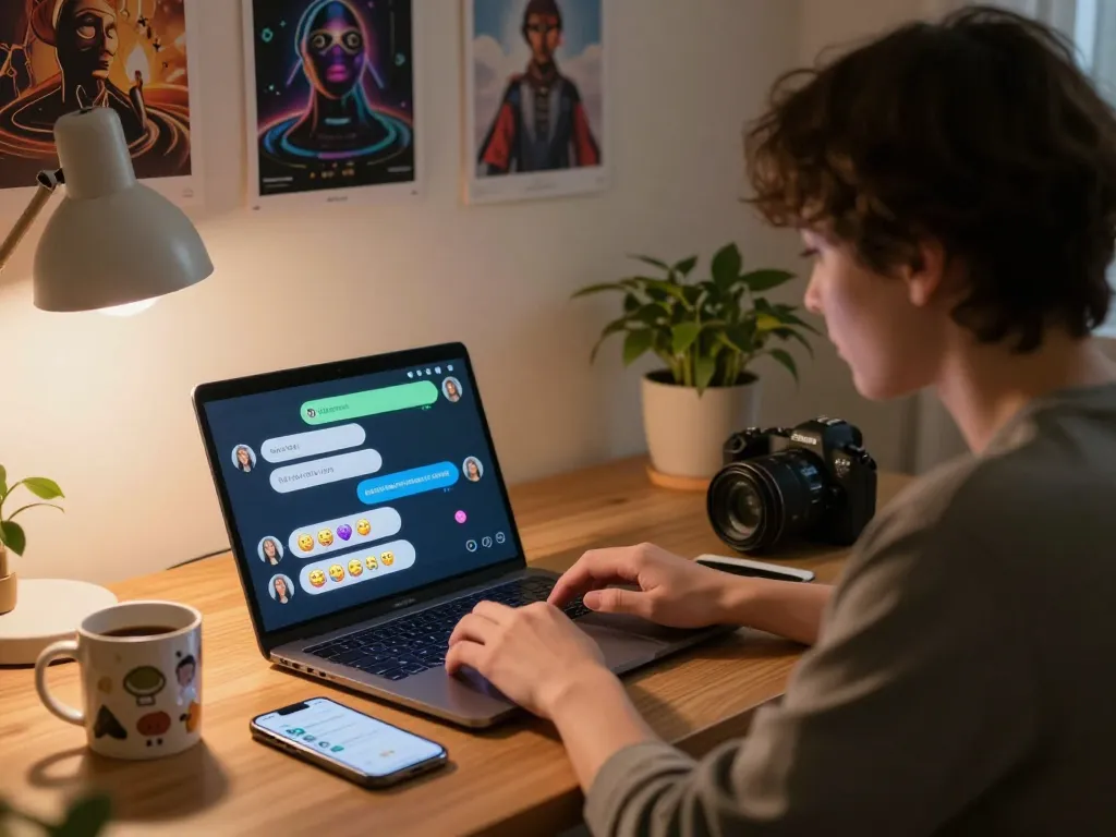 Engaging in ai sex chat on a laptop in a cozy home office setting.