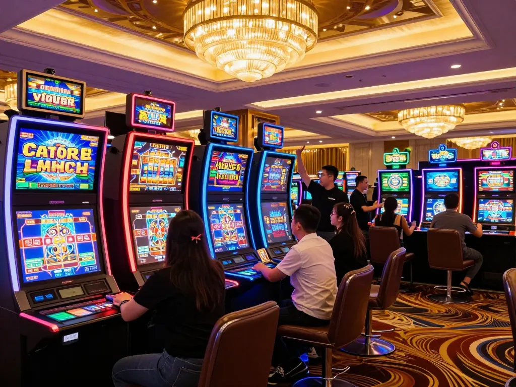 Cổng game Vivu88 players enjoying vibrant slot machines, celebrating wins in luxurious casino setting