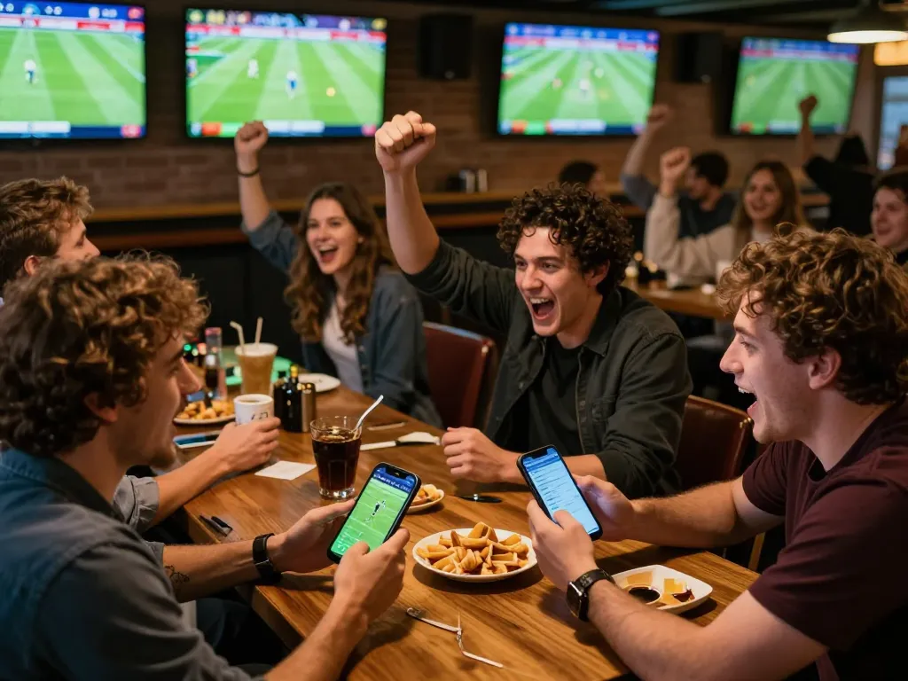 Friends celebrating game day while checking resultsfootball scores on their smartphones together