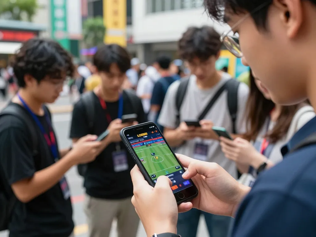 Engaging moment of mobile betting on lc88an with friends, showcasing outdoor excitement and social interaction.